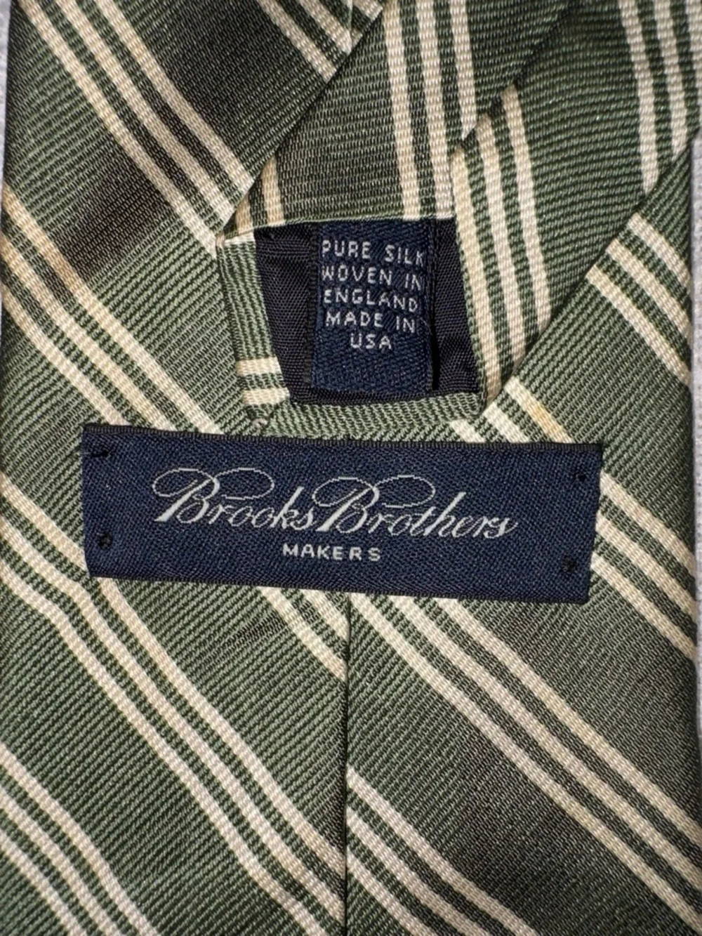 Brooks Brothers Silk Tie Green Cream Striped Repp USA Woven England OS EUC